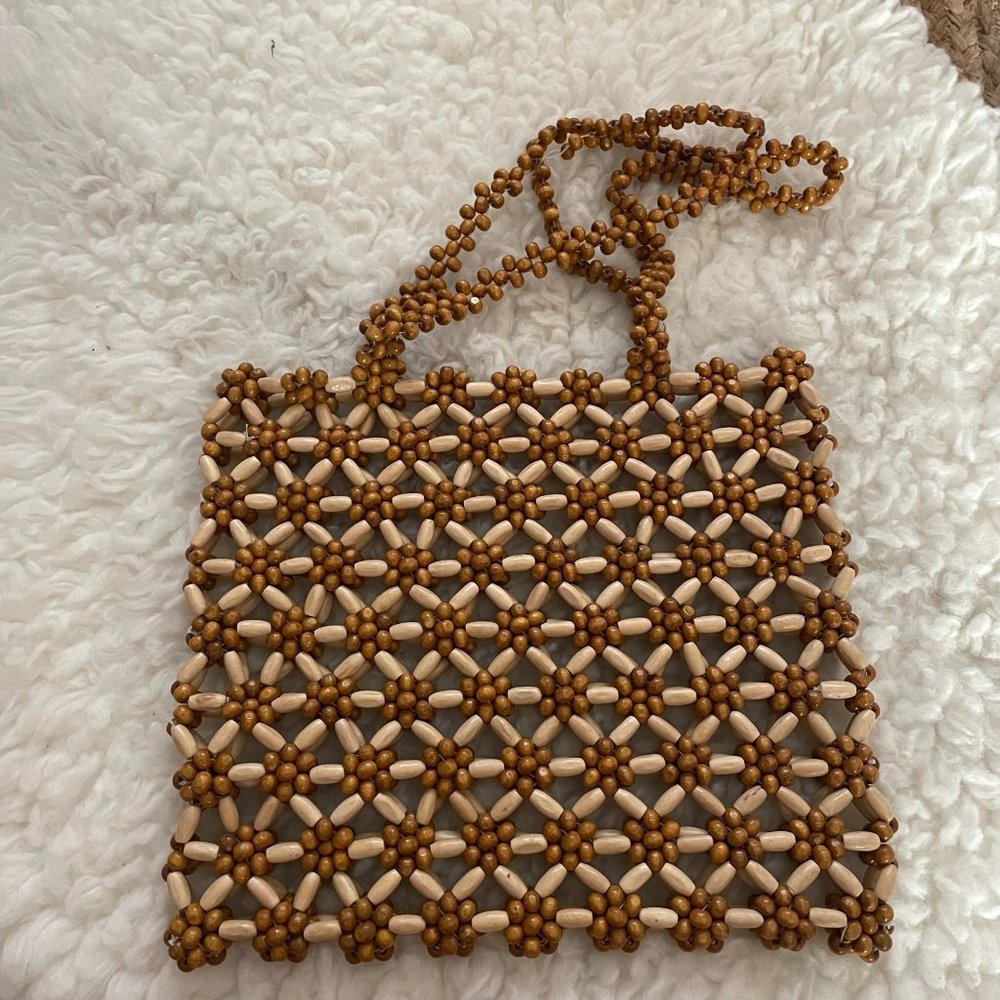 Brown & Cream Beaded Shoulder Bag